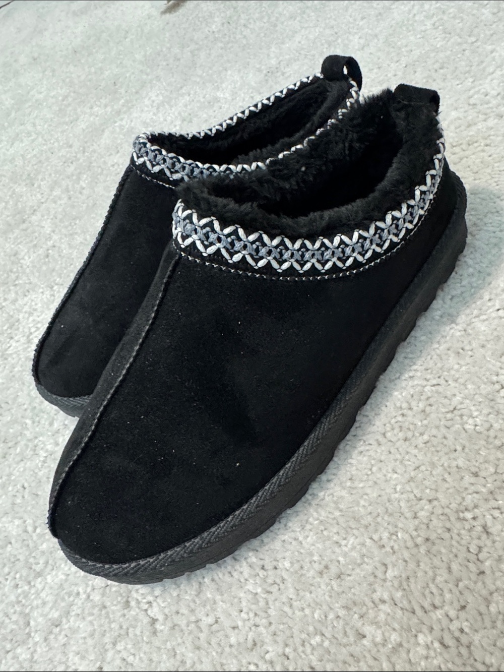 Black Faux Suede Moccasin Slippers with Embroidered Trim